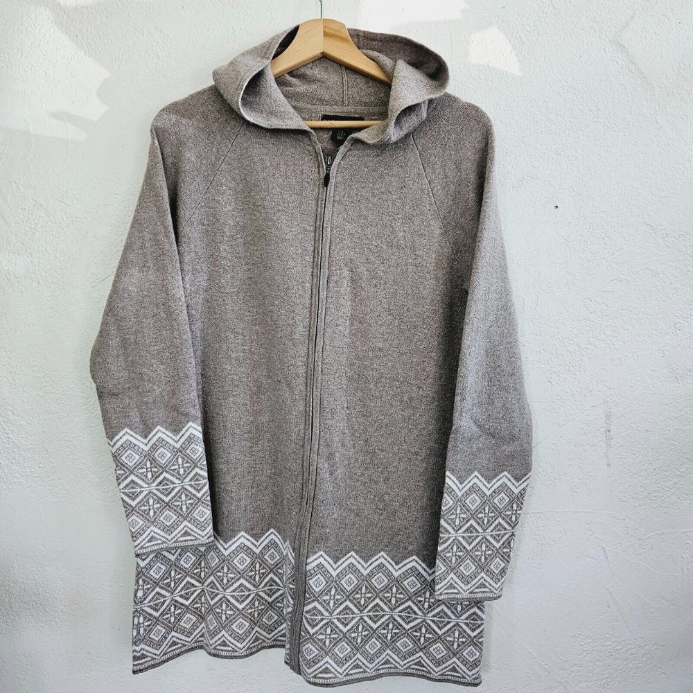 Cynthia Rowley Hip Length Zip Front Cardigan Sweater Jacket Hood Grey Aztec M